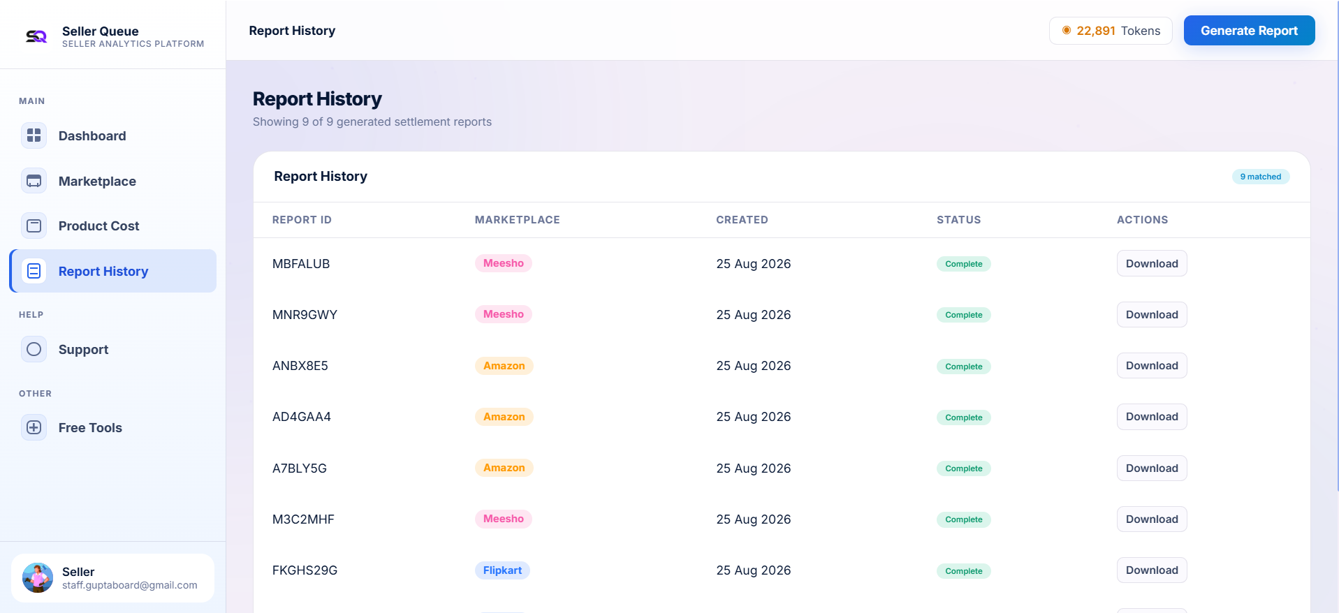Seller Queue report history showing generated settlement reports and download actions